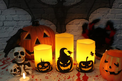 Halloween Flameless Candles, LED Flickering Battery Pillar Candles with 6H Timer and Pumpkin Decals, Spooky Fall Halloween Festival Party Decoration Set of 3 (D 3” X H 4” 5” 6”)