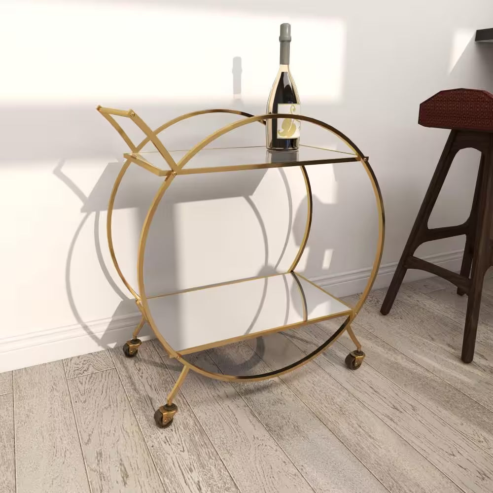 30 In. H Gold Rolling 2 Mirrored Shelves Bar Cart with Wheels and Handle